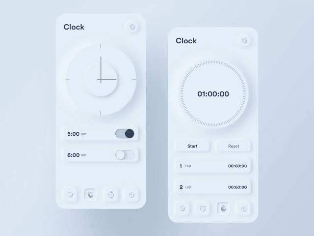 Dos interfaces claras de reloj y cronómetro con esfera en relieve, interruptores hundidos y controles compactos.